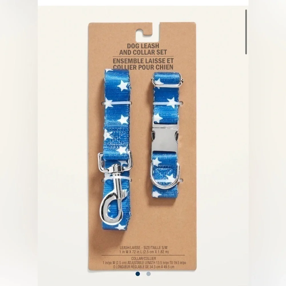 Blue & white stars leash and collar set metal small/medium